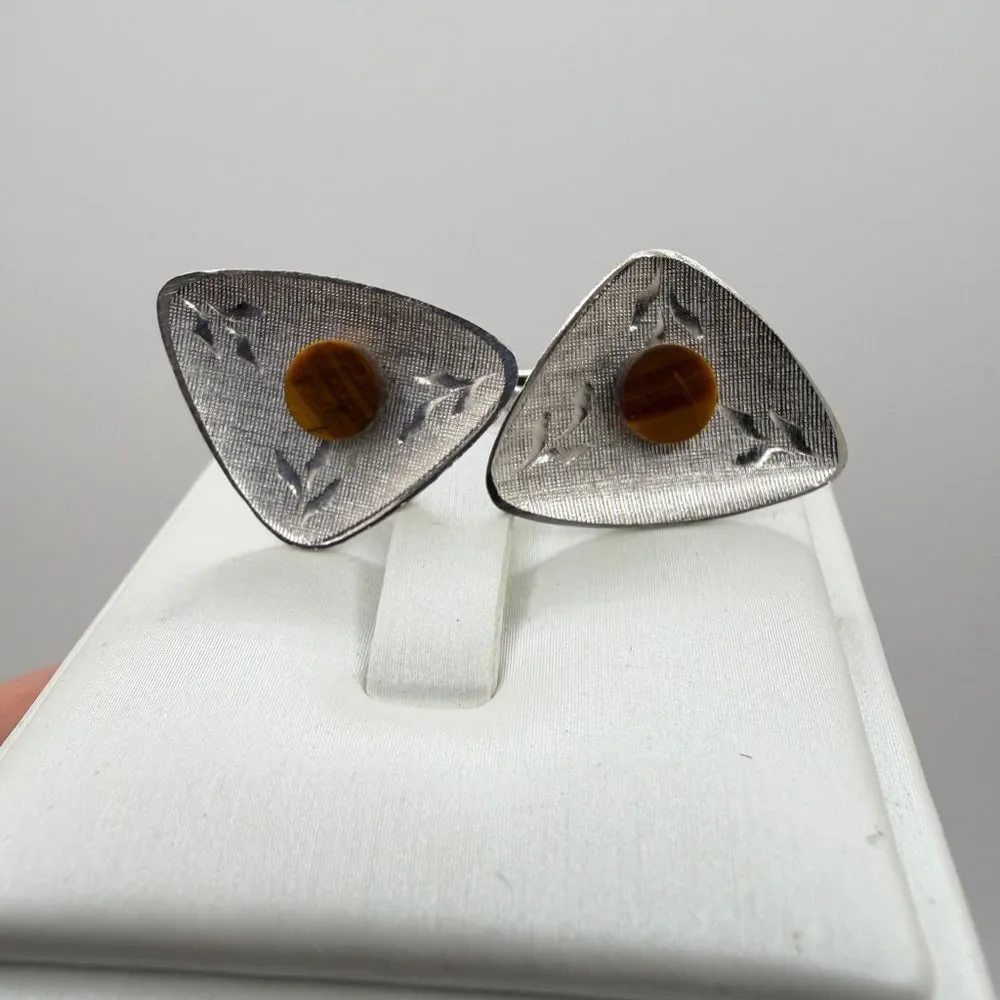 Vintage/Retro‎ Tigers Eye and diamond cut leaf design silver tone cuff links!